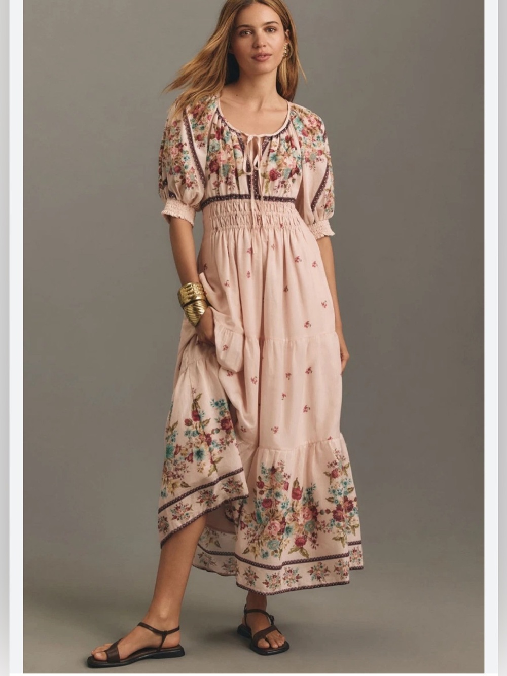 Somerset  Puff-Sleeve Maxi Dress Anthropologie Peasant Tiered Pink Floral XS